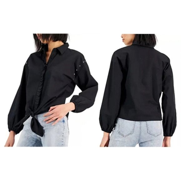 INC Womens Size M Black Studded Dolman Sleeve Ruffled Tie-Front Collar Top NWOT - Picture 1 of 8